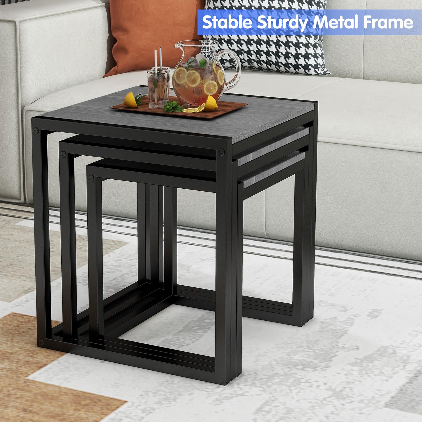 HAHRIR Nesting Table Set of 3 Side Wooden Tables, Square End Tables，Coffee Table with Metal Frame (Grey)