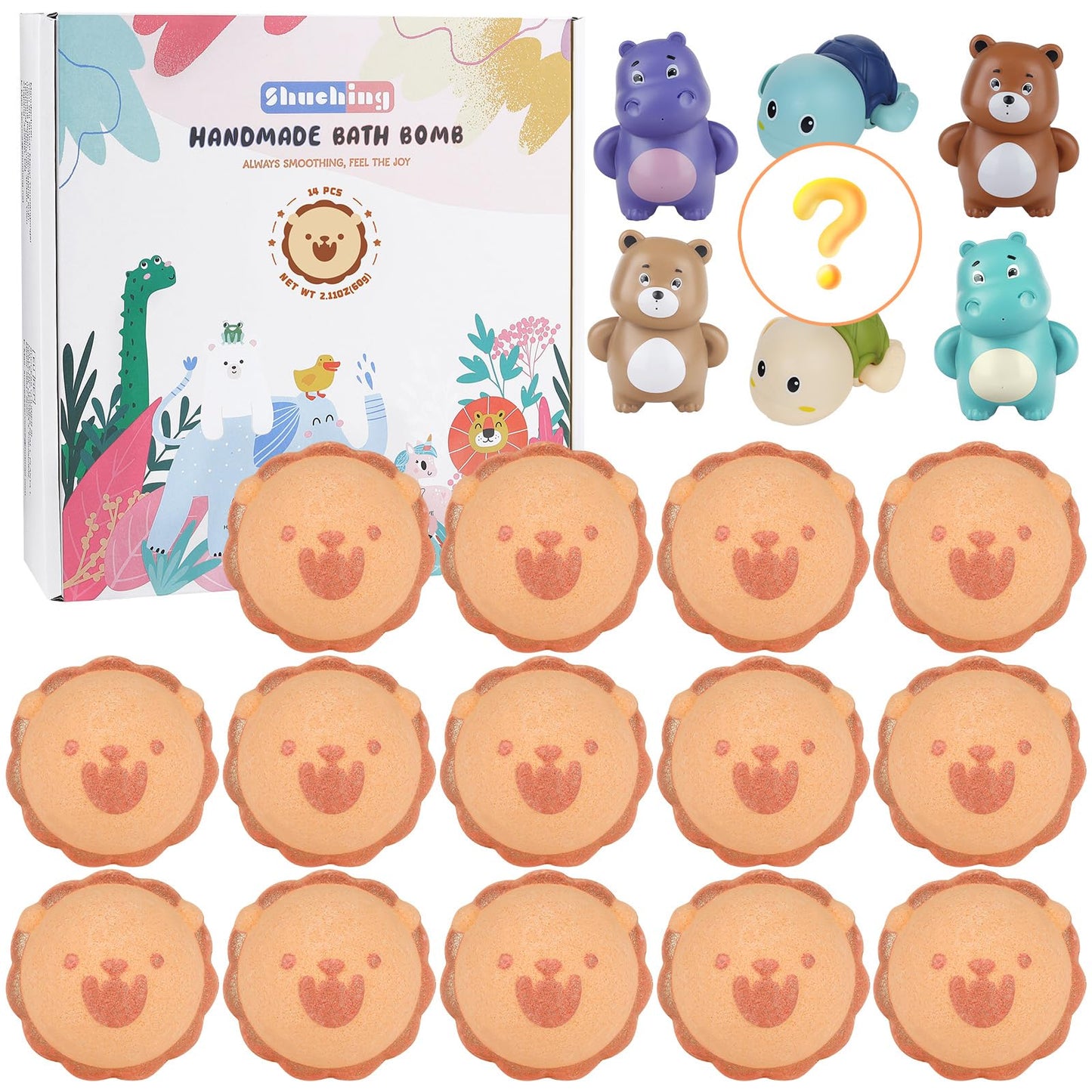 SHUCHING 14pc Lion Shapes Bath Bombs for Kids with Toys, Handmade Kids Bath Bombs Gift Set with Water Pistols, Natural Organic Bubble Bath for Boys
