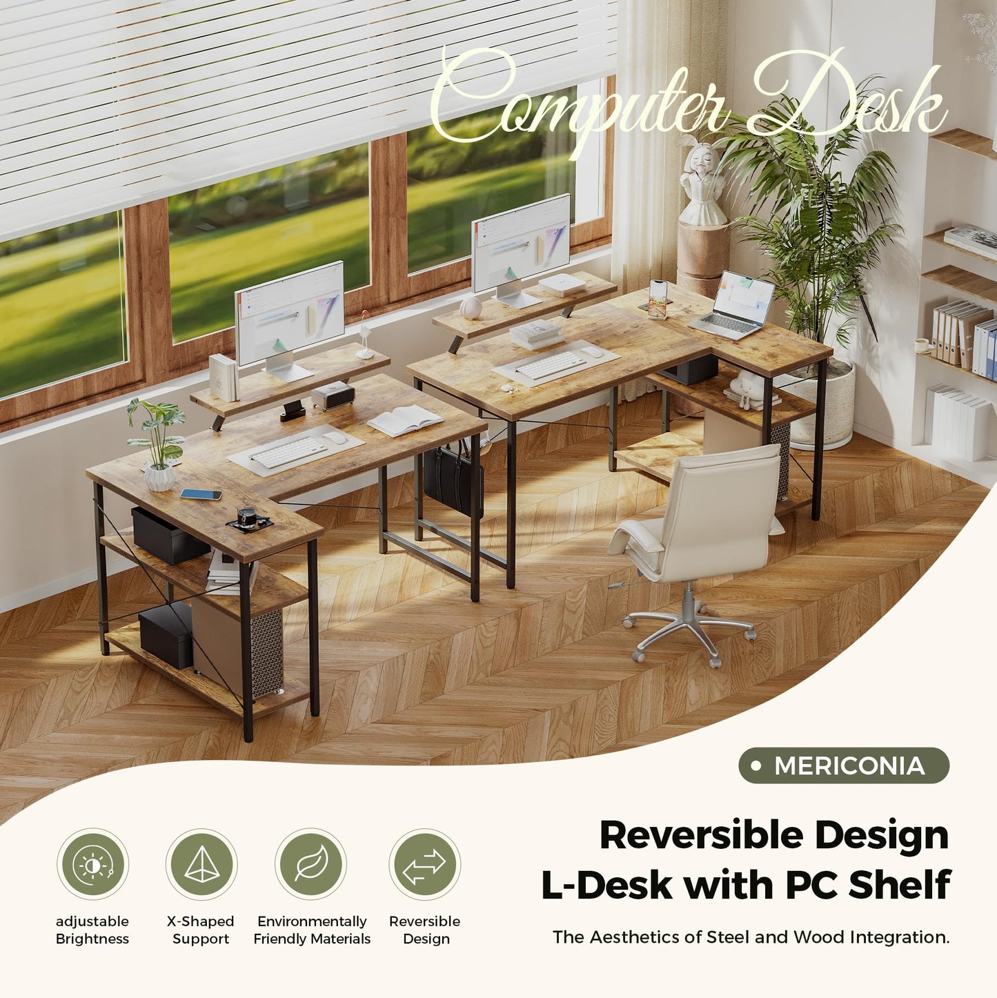 Mericonia Reversible Corner Desk, w. Led & Power Outlets, 100x70cm, Brown