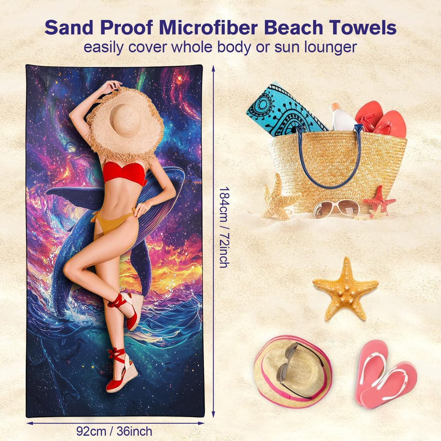 YISUMEI Galaxy Whale Beach Towels for Adults Extra Large 180 x 90 cm, Microfibre Lightweight Quick Dry Towel for Swimming Pool Cruise Travel Sports