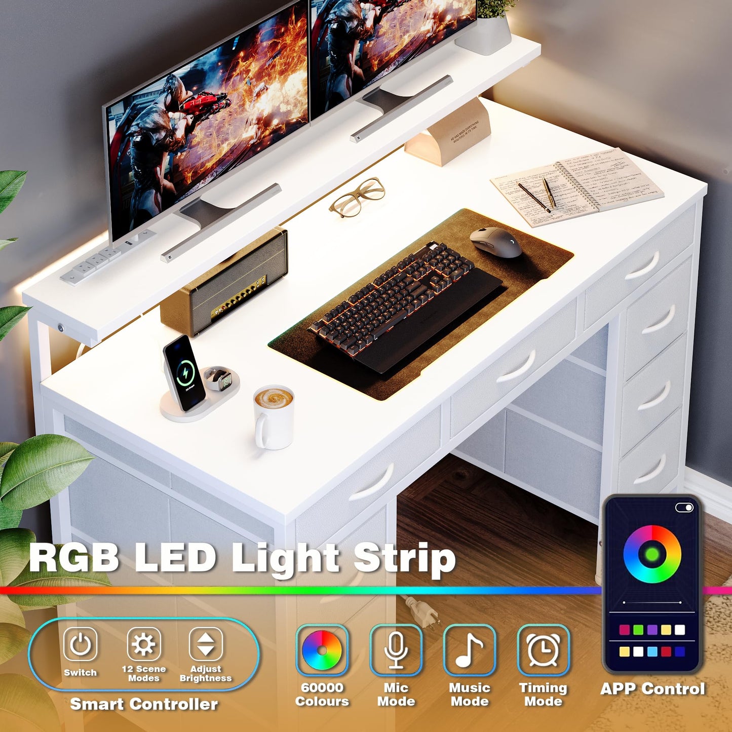 Flrrtenv Computer Desk with 9 Drawers & LED Light, 120 x 50 cm Home Office Desk with Storage & Power Outlets USB Type-C