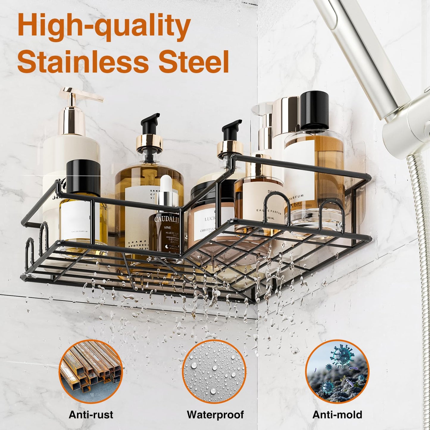 Diboniur Corner Shower Caddy 2 Pack, No Drilling, 8 Hooks, Black