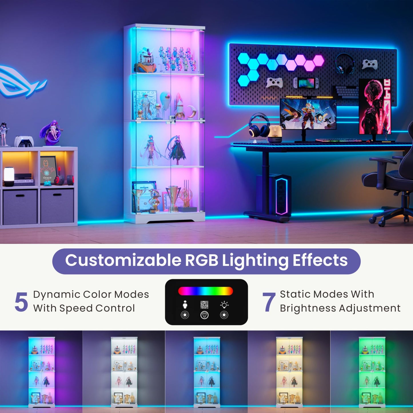 FREDEES Glass Display Cabinet with RGB Lights, 4-Tier, White