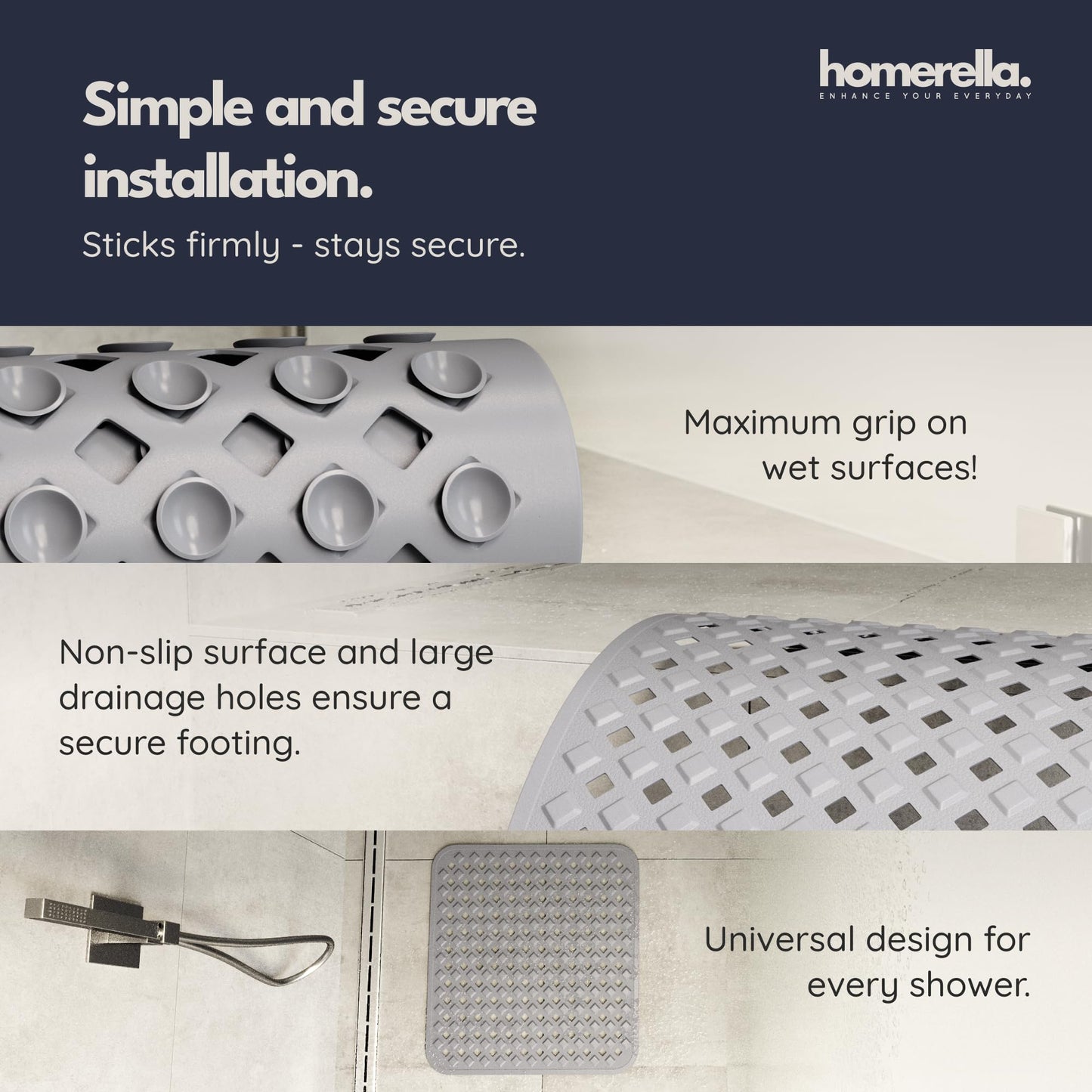 homerella Shower Mat Non Slip Anti Mould 53x53cm, Incl. Hooks for Drying