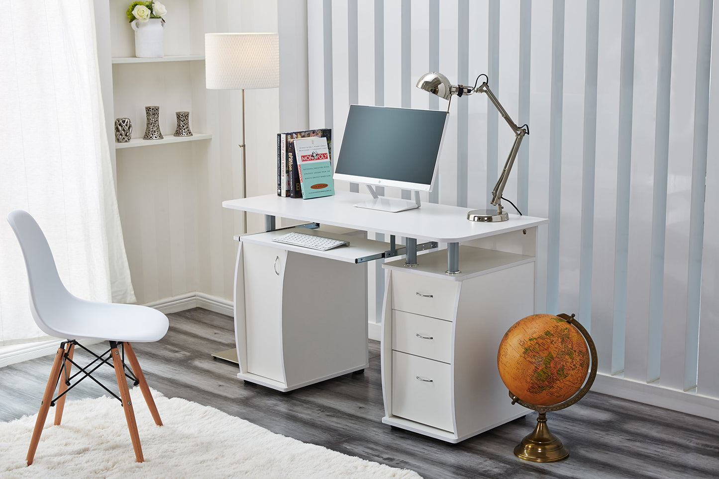 RayGar White Deluxe Design Computer Desk with Cabinet and 3 Drawers for Home Office Table Workstation - New (White)