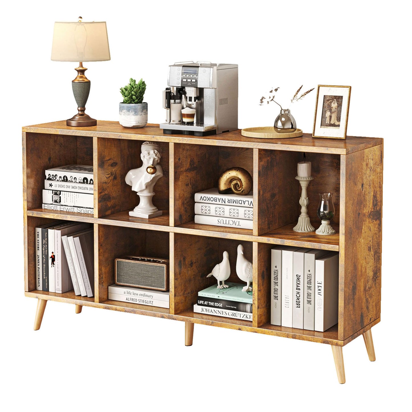 Flrrtenv 8-Cube Bookshelf 2 Tier Retro Bookcase with Legs, 120cm Wood Bookshelves Storage Organizer Shelf