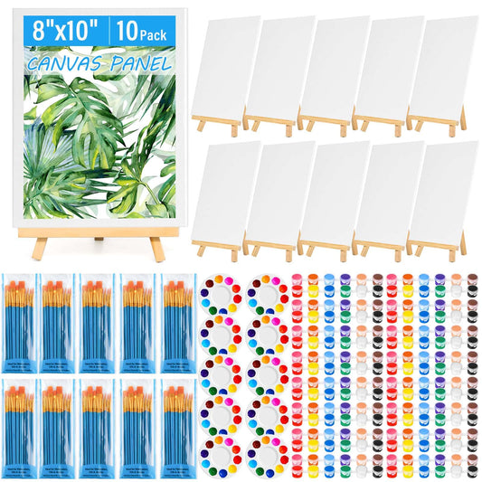 shynek 10 Pack 8 * 10in Canvas Boards for Painting, Art Canvas with Easel for Drawing with 100Pcs Assorted Brushes Paint Trays 12-Color Acrylic Paint,