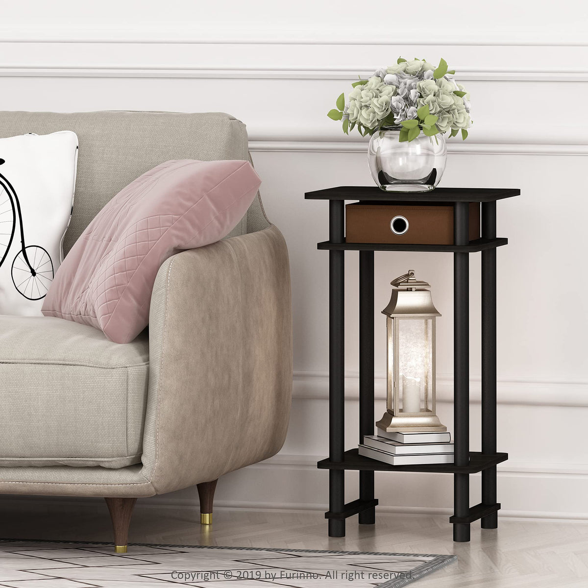 Furinno TURN-N-TUBE Side Table Set of 2, 3-Tier End Table with Storage Bin, Open Shelf Night Stand, Bedside Table, for Living Room, Bedroom, Espresso