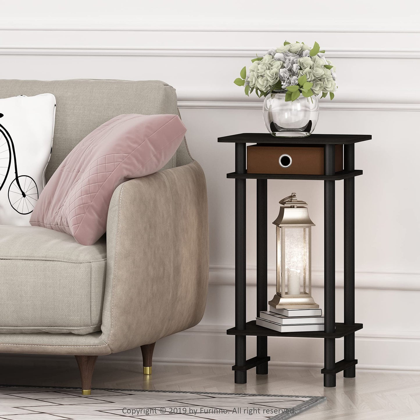 Furinno TURN-N-TUBE Side Table, 3-Tier End Table with Storage Bin, Open Shelf Night Stand, Bedside Table, Toolless Assembly, for Living Room, Bedroom