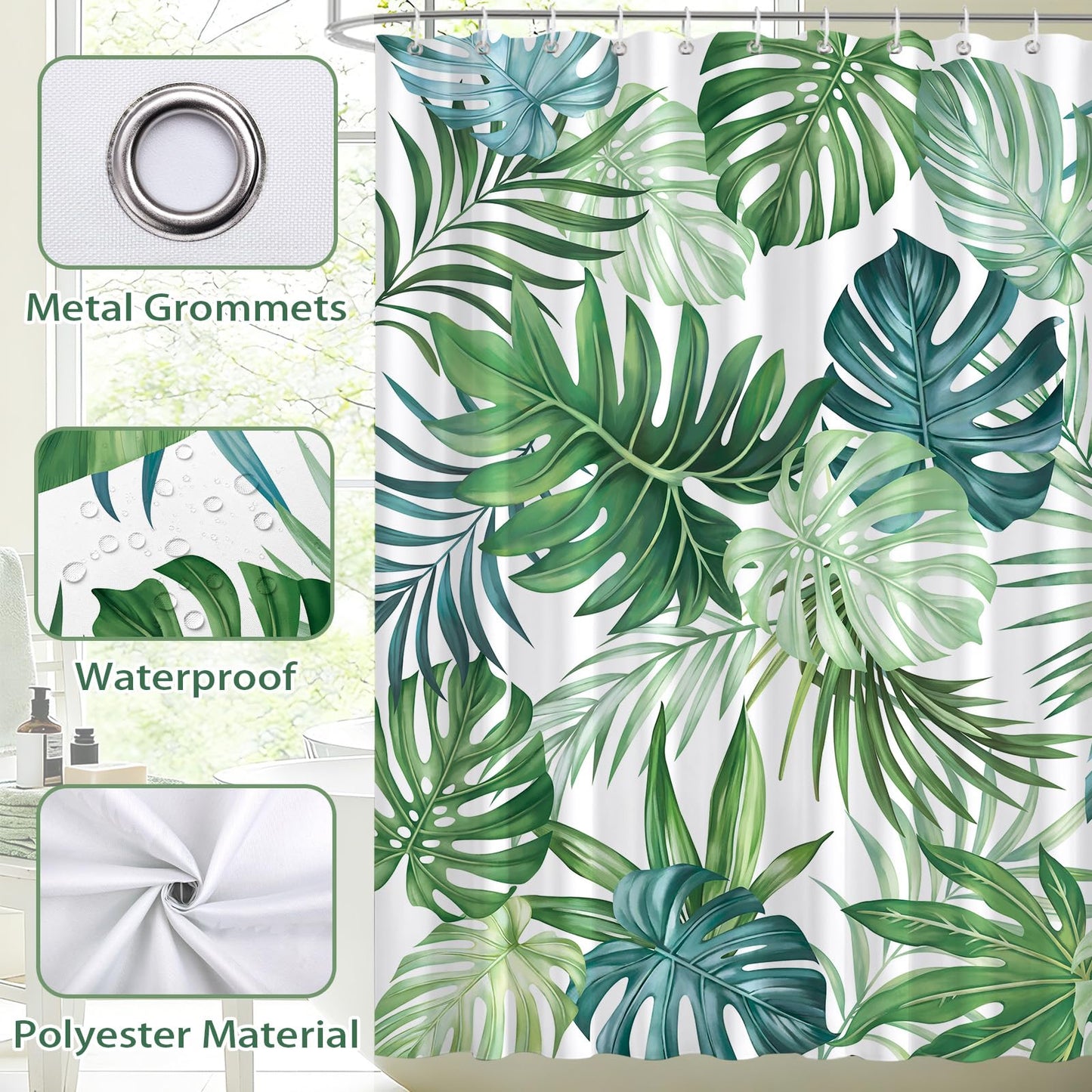 hometrixx Summer Jungle White Green Palm Tree Leaf Shower Curtain 72X72In