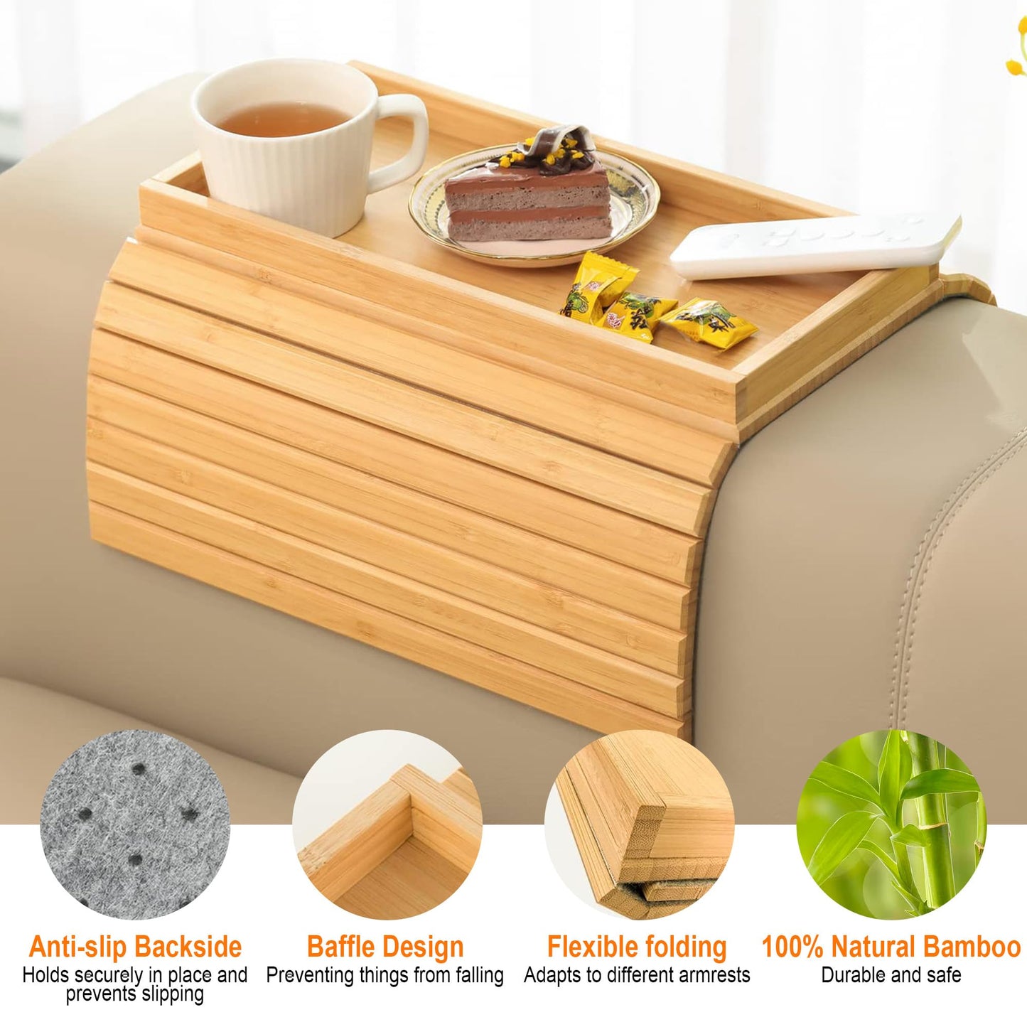 YOZAIUUI Foldable Sofa Arm Tray - Anti Slip Wooden Backing