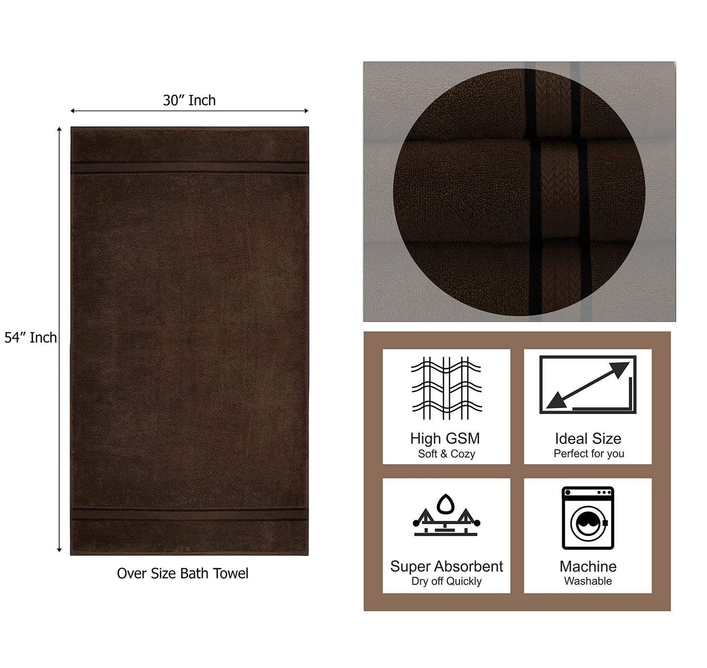 COTTON CRAFT Ultra Soft Luxury Set of 4 Ringspun Cotton Bath Towels, 580GSM, Heavyweight, 30 inch x 54 inch, Chocolate Brown