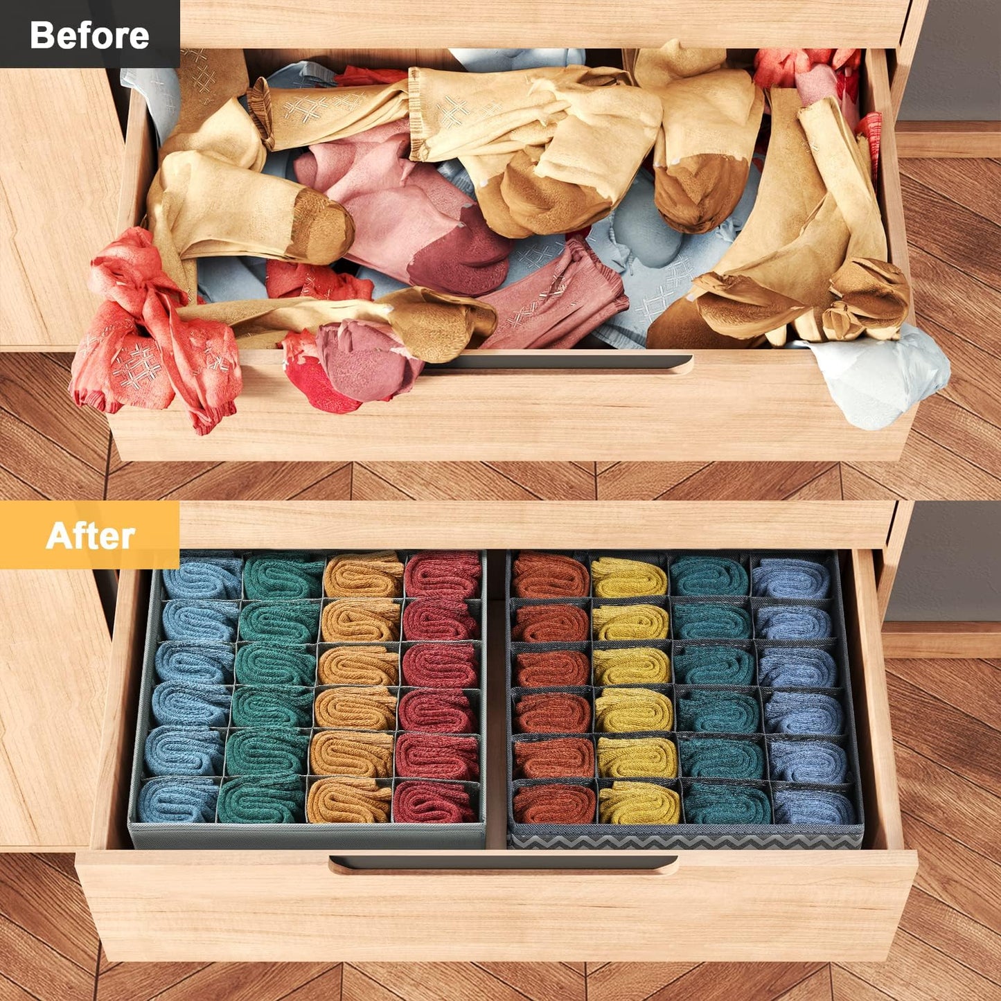 DIMJ 2 Pack Drawer Organisers 24 Cells Sock Organiser Foldable Underwear Drawer Organiser Fabric Drawer Divider Wardrobe Storage Boxes for Socks