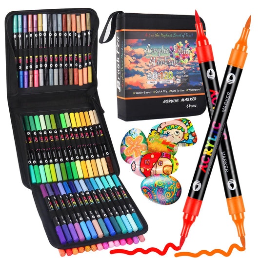 Sanyetral 120 Colors Acrylic Paint Markers, 60 Pcs Dual Brush Tip Dual Colors Acrylic Paint Pens for Wood, Canvas, Rock Painting, Glass, Ceramic,