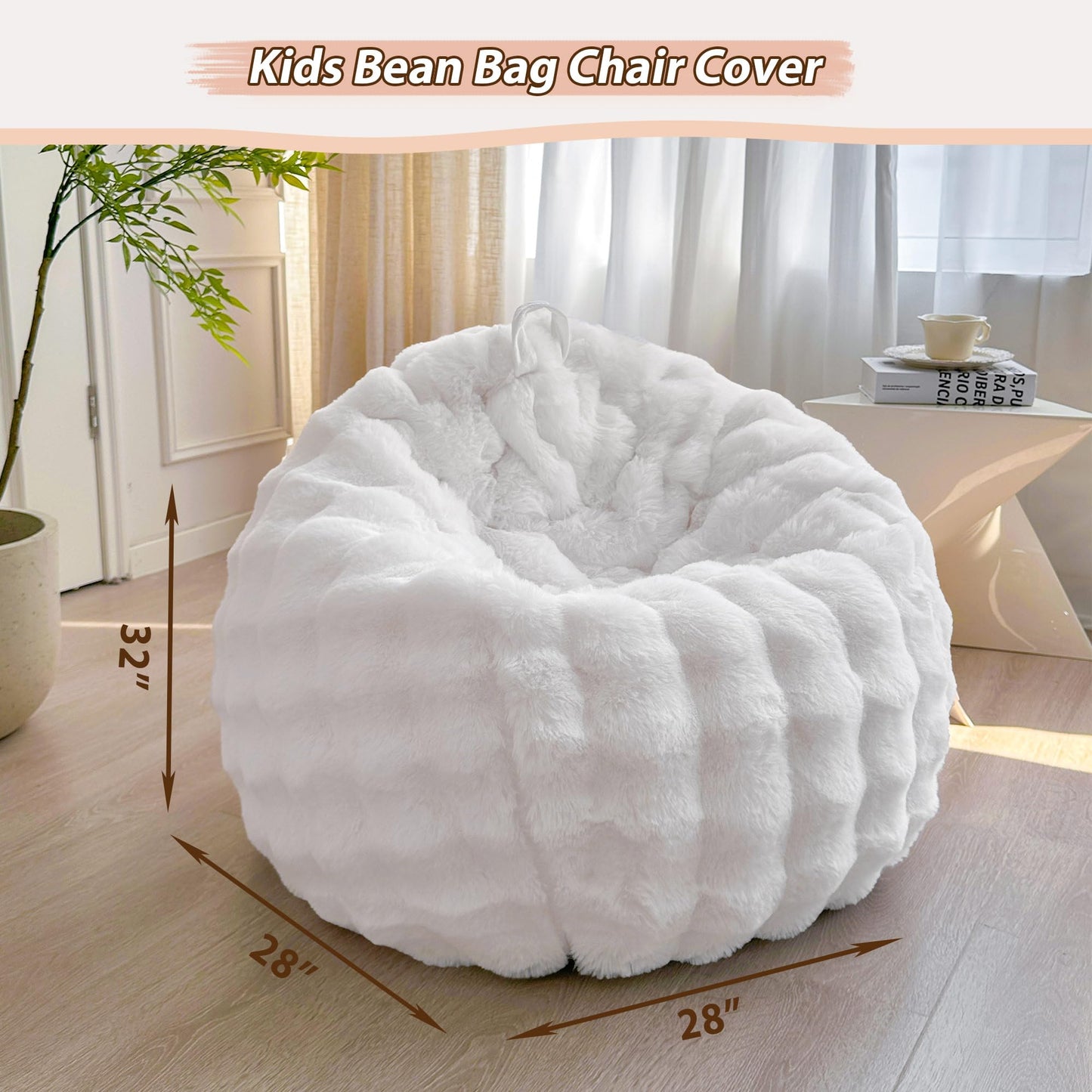 LIFEREVO Kids Fluffy Faux Rabbit Fur Bean Bag Chair Cover, No Filler, White