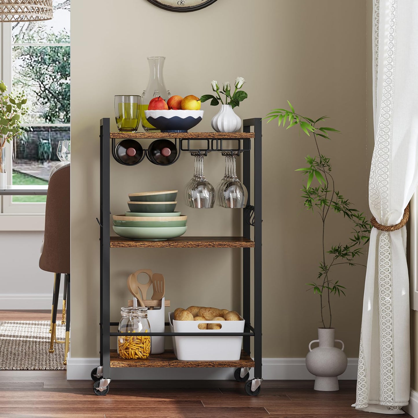 TUTOTAK Drinks Trolley, Bar Cart with 3-Tier Shelf, Serving Trolley with Wine Rack, Glass Holder, Rolling bar cart for the Home, Living Room