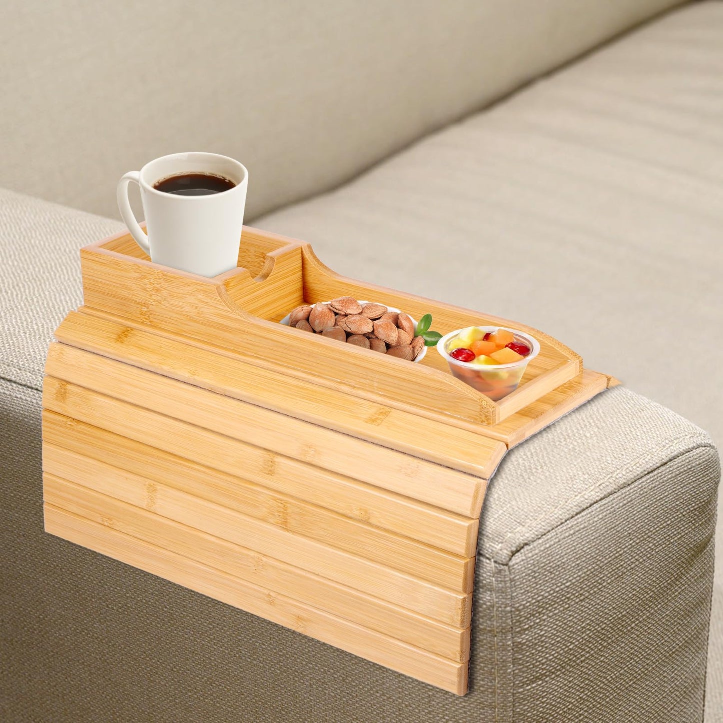 Foldable Sofa Arm Tray Table - Natural Pine Wood Side Table, Armrest Clip Tray, Waterproof Couch Organizer, Drink Snack Remote Control Holder (D)