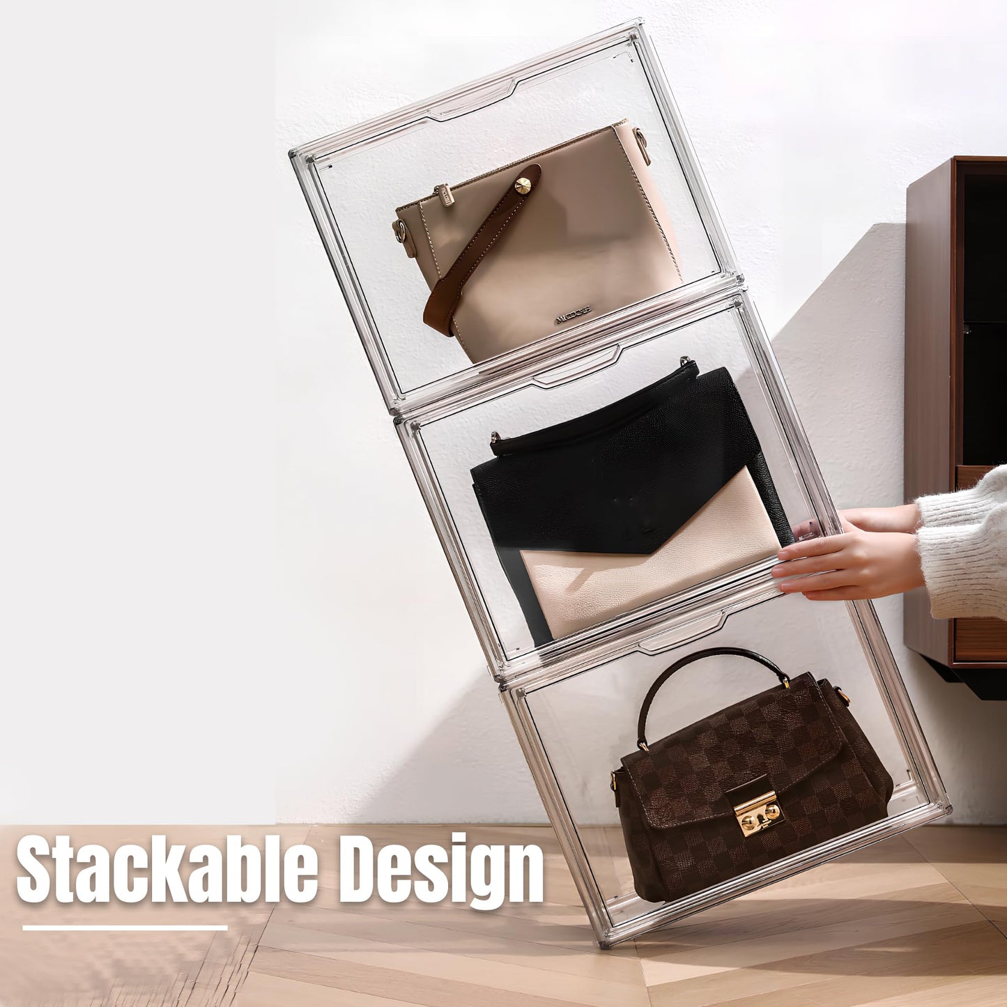 Umisu 3 Pack Handbag Storage Organizer, Clear Acrylic Handbag Display Case with Magnetic Door, Luxury Stackable Purse & Clutch Storage Box