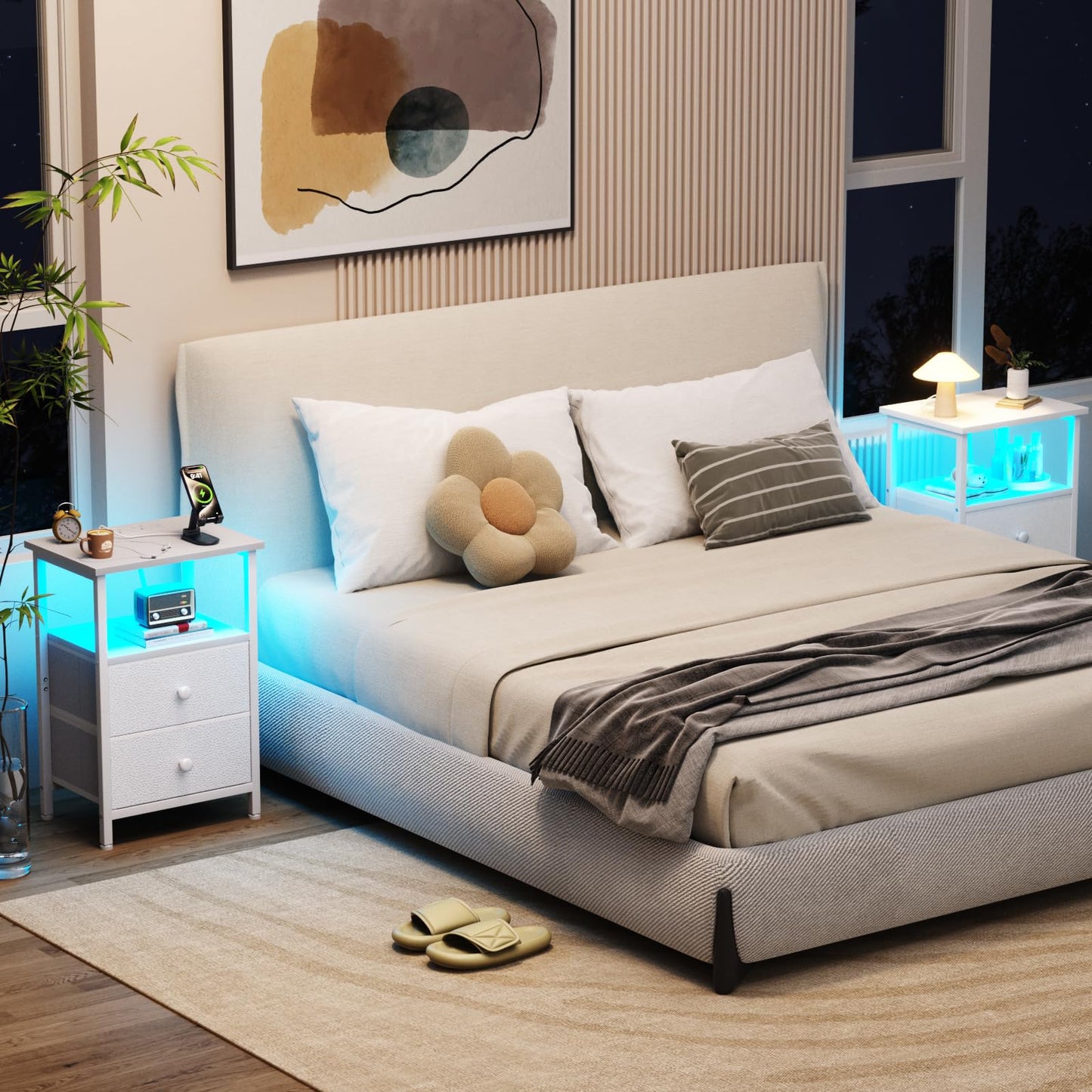 LOAKEKEL Bedside Table, Side Table with Charging Station, Bed Side Table