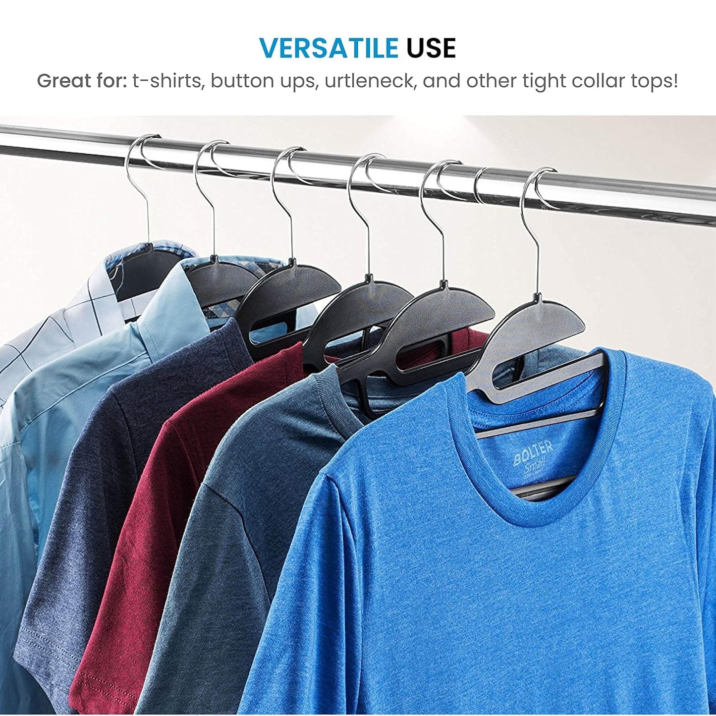 DrySmart Pack of 30 Heavy Duty Black Coat Hangers, 0.5cm Thick, S-Shaped Opening, Non-Slip Plastic Clothes Hanger Space Saving Slim Design