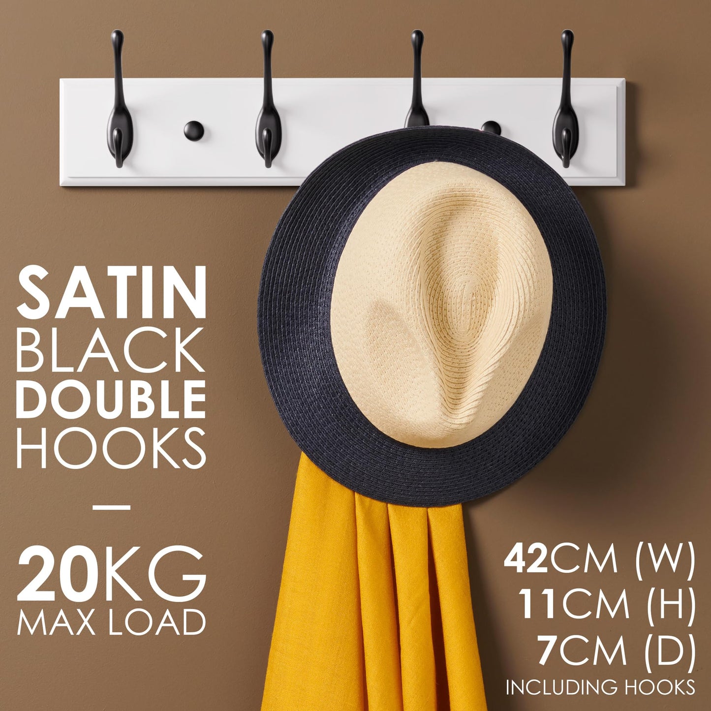 LARHN White Wall-Mounted Coat Rack - 4 Black Coat Hooks, 42cm