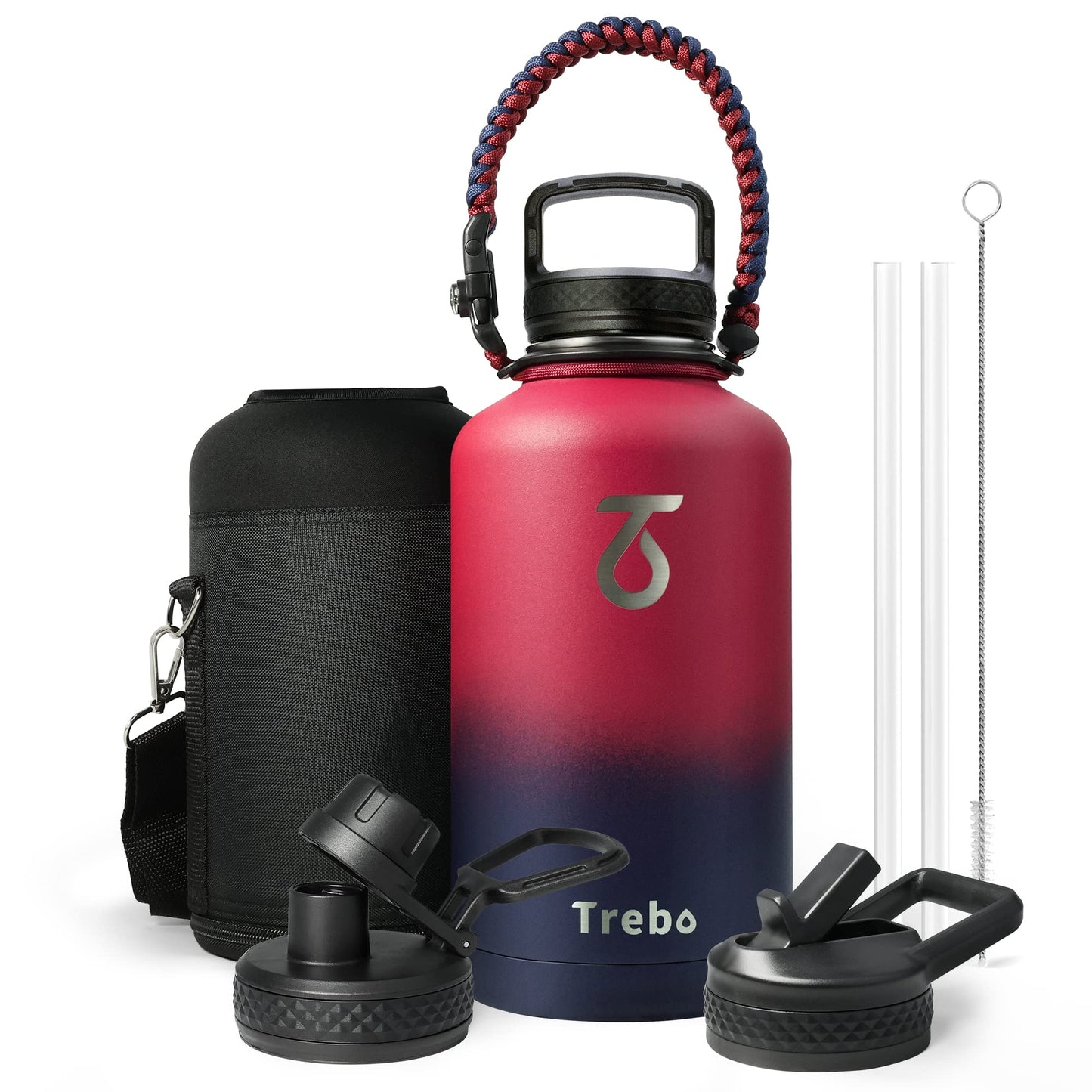 Insulated Water Bottle 2L, Trebo Metal Bottle with Paracord Handle Wide Mouth Double Wall Stainless Steel Large Sports Bottle Keep Cold 48 Hours Water
