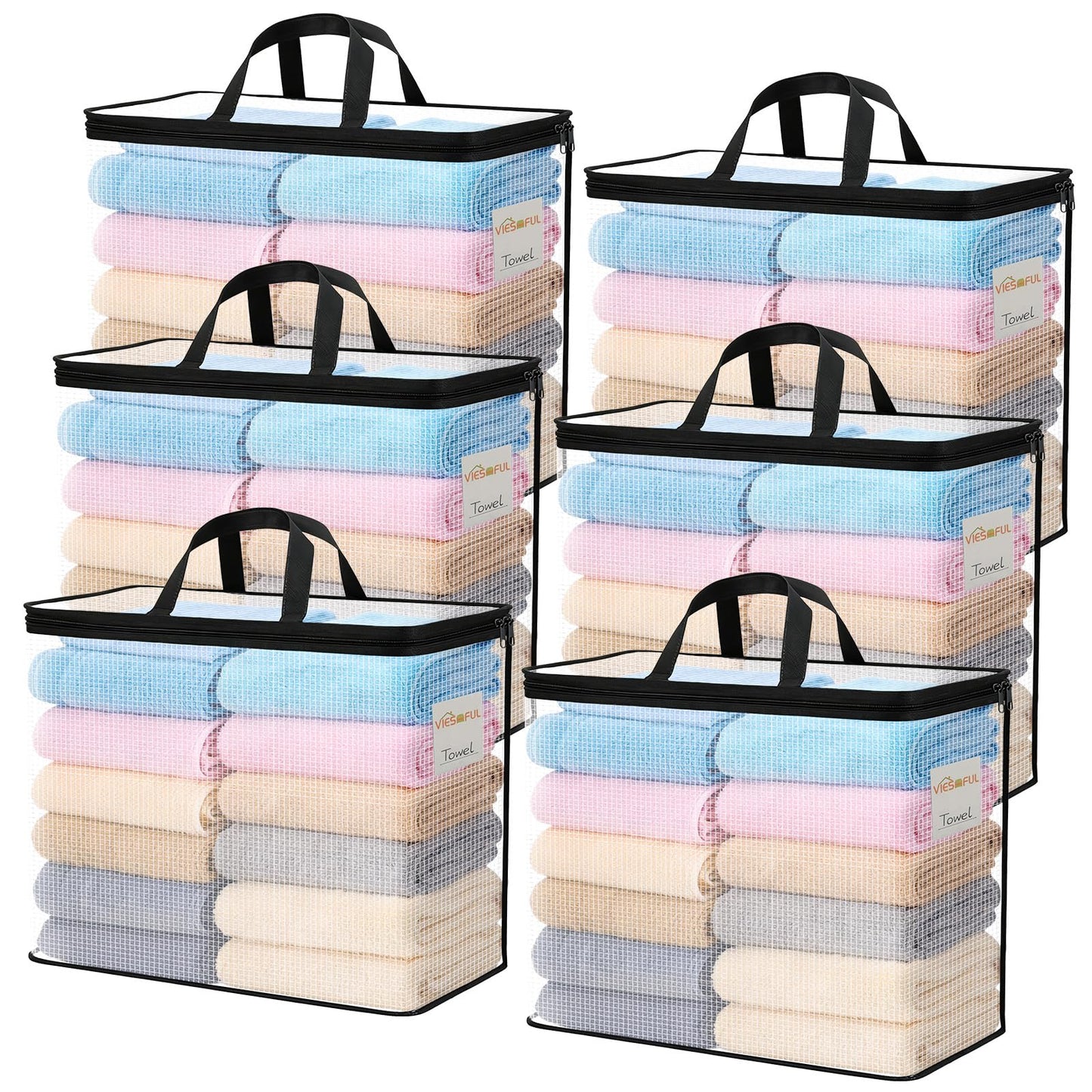 Vieshful 6 Pack Clear Storage Bags with Label, 40L Foldable PVC Mesh, Black