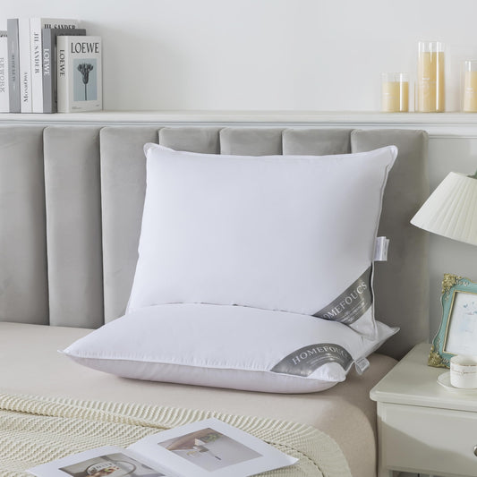 HOMEFOUCS Luxury Feather and Down Pillows, pack of 2 100% Cotton Shell, Soft Hotel Quality Pillows (30% Down)