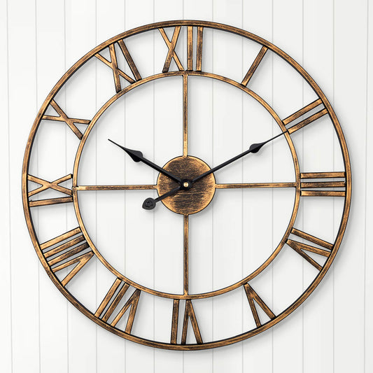 ARVINKEY Silent Wall Clock, European Farmhouse Vintage Clock with Roman Numerals, 47cm Non-Ticking Battery Operated Metal Skeleton Decorative for Home