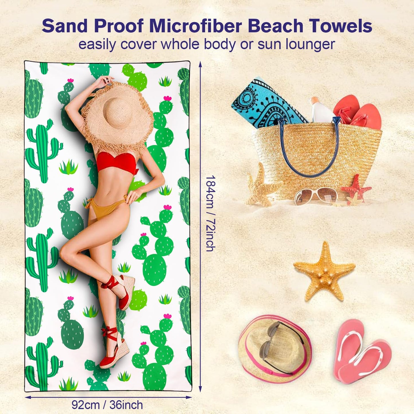 Violetpos Cute Cactus & Heart Beach Towel, Extra Large 180x90 cm 250GSM Microfibre, Sand Free Quick Dry