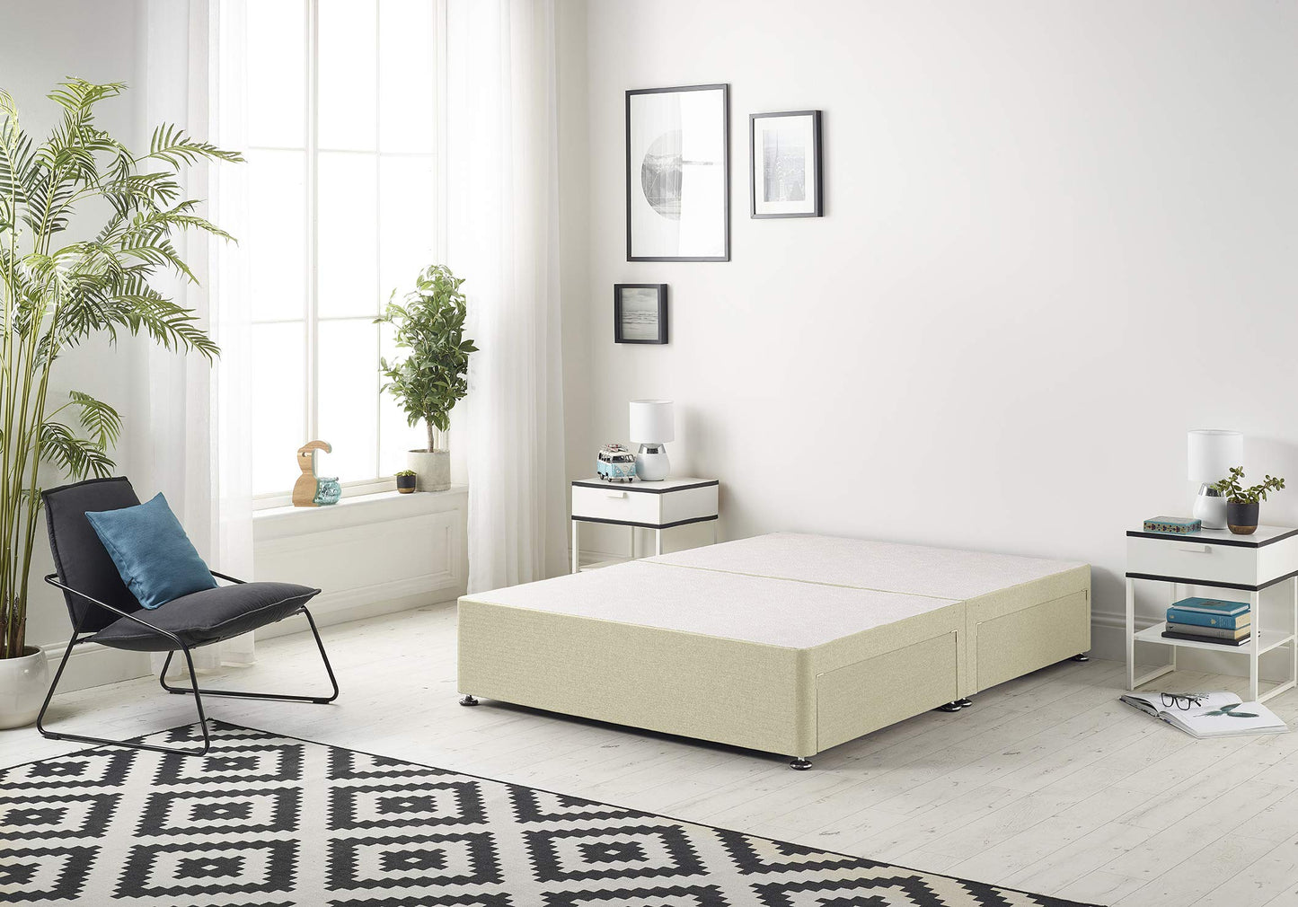 Bed Centre Flexby Divan Base Only with No Drawers and No Headboard - Available in 3ft,4ft,5ft and 6ft- Fabric (4FT6 Double, Linen Beige Fabric)