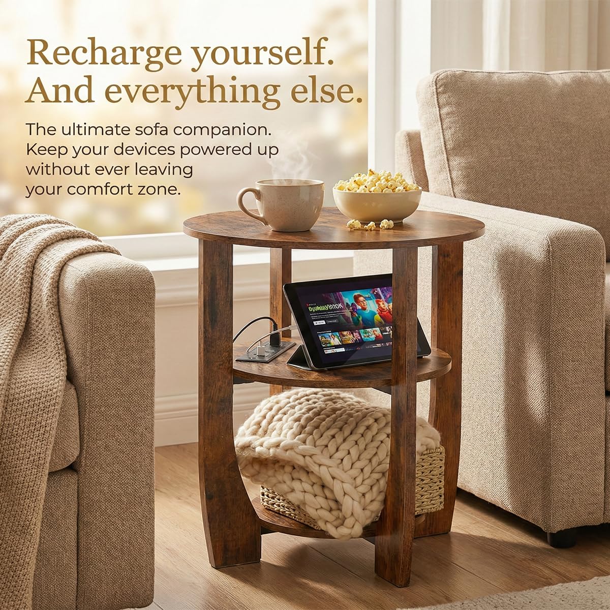 ZEXVIDA Round Side Table with Charging Station, 3 Tier End Table with USB Ports & Outlets, Nightstand for Bedroom,Living Room,Small Spaces