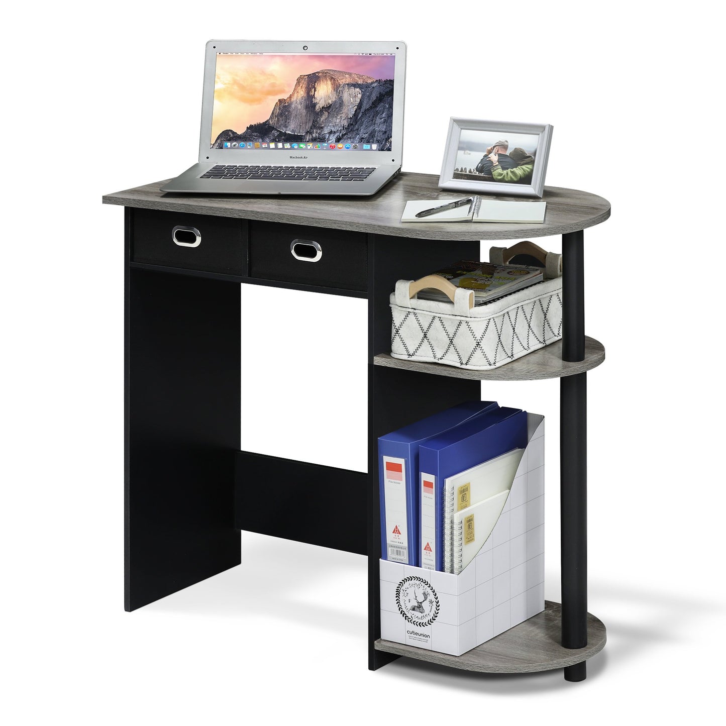 Furinno GO GREEN Desk, 80 cm Wide Gaming Desk with 2 Side Shelves and Storage Bins, Computer Desk, Office Desk for Home Office, Study Room, Dorm