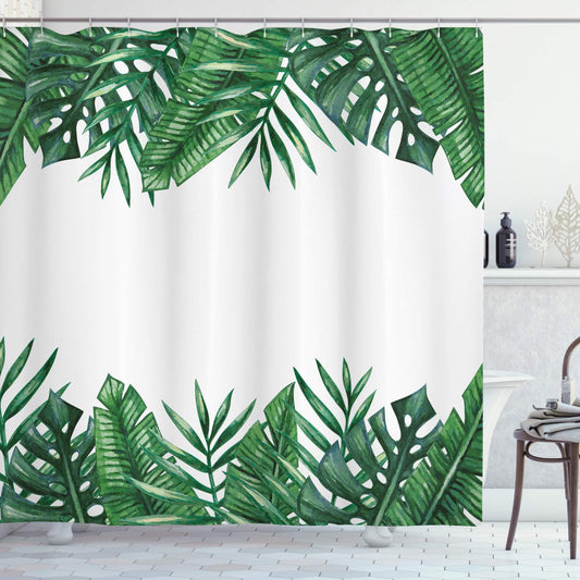ABAKUHAUS Palm Leaf Shower Curtain, Framework with Rainforest Foliage Leaves in Watercolors, Cloth Fabric Bathroom Decor Set with Hooks, 70 Inches,