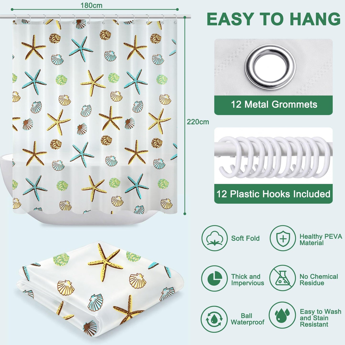 Vllcsla Shower Curtains Mould Proof Resistant Bathroom 220drop, 180x220 cm, Blue Extra Long PEVA Bathroom Bathtub Curtains