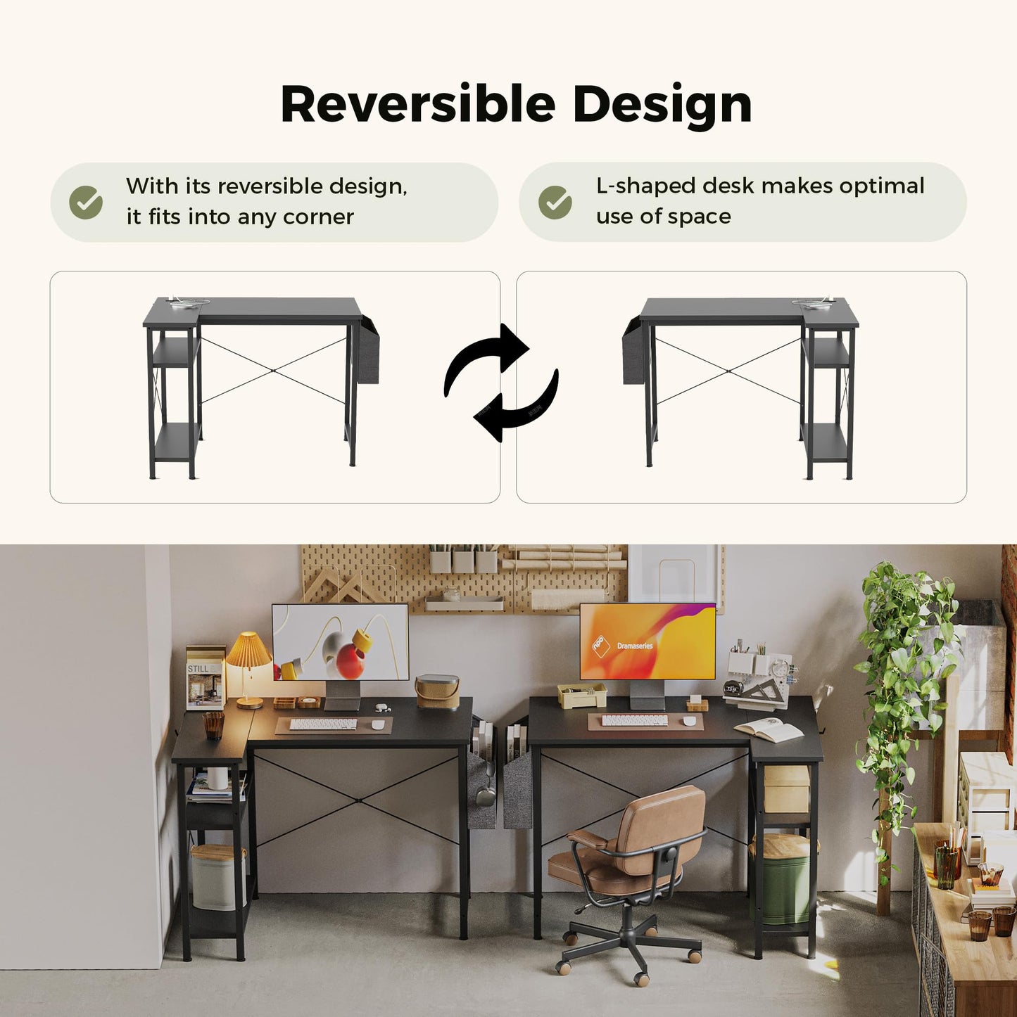 Mericonia Reversible Corner Desk, w. Power Outlets, 100x70cm, Black