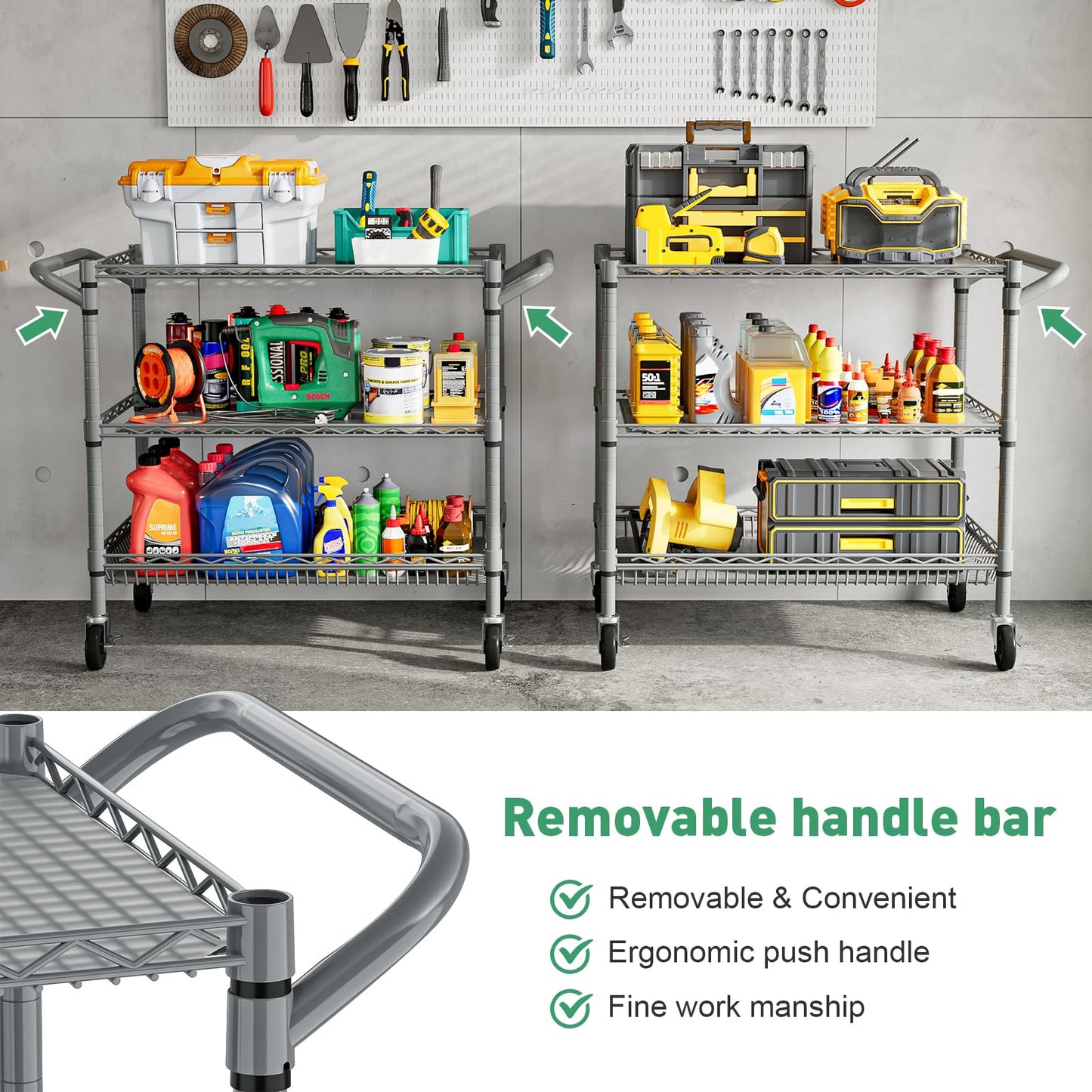 Forthcan 3-Tier Heavy Duty Shelving Unit, Storage Trolley on wheels, Silver