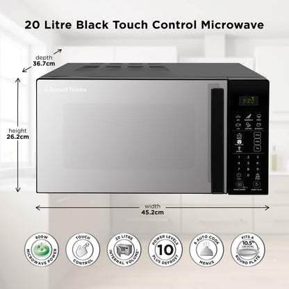 Russell Hobbs RHMT2004B 20 L 800 W Touch Control Digital Solo Microwave in Black with 10 Power Levels, 6 Auto Cook Menus, Defrost Control, Clock and