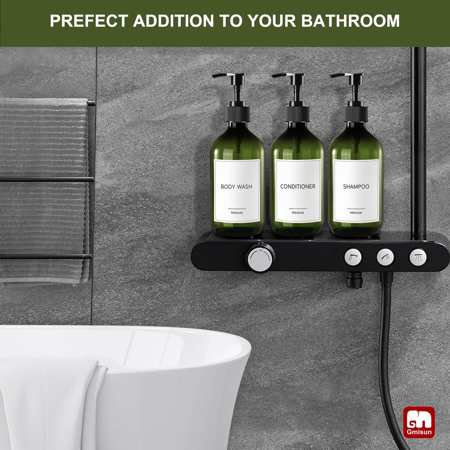 GMISUN Shampoo and Conditioner Bottles, Plastic Green Shower Gel Dispenser