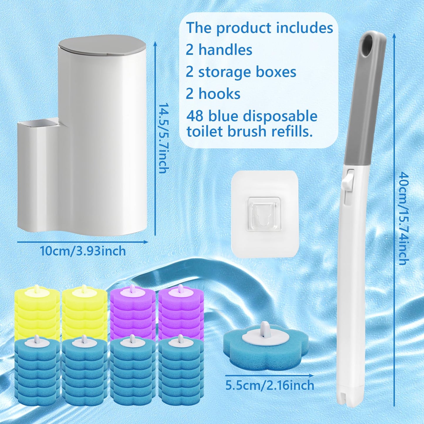 Disposable Toilet Brush 2 Pack Toilet Brush Disposable with 48 Replacement Sponge Brush Heads and Holder, Quickly and Hygiene Clean Toilets