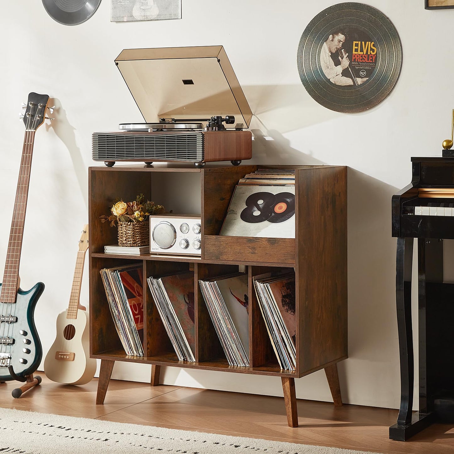 LELELINKY Large Record Stand With Storage and Shelf - Vinyl Holder With Presentation Surface for Up to 300 Albums - Music Room and Living Room