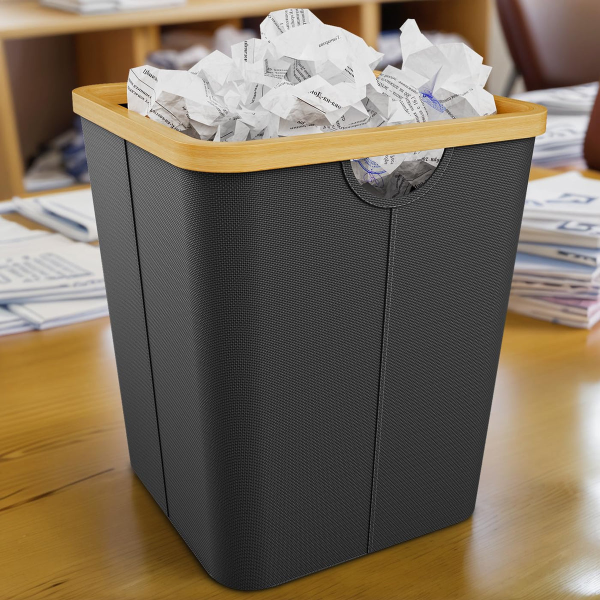 Vireon Waste Paper Bin with Bamboo Frame 30L Waste Basket with Oxford Fabric - Desk Bins for Office & Home Accessories Black, Square, 30, Litres