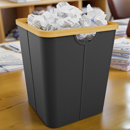 Vireon Waste Paper Bin with Bamboo Frame 30L Waste Basket with Oxford Fabric - Desk Bins for Office & Home Accessories Black, Square, 30, Litres