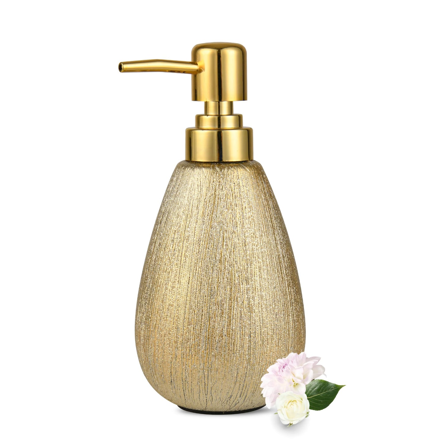 Brushed Gold Ceramic Soap Dispenser, 11 Oz Refillable Hand Soap and Sanitizer Pump, 3D Textured Design for Kitchen or Bathroom Décor, Brushed Gold