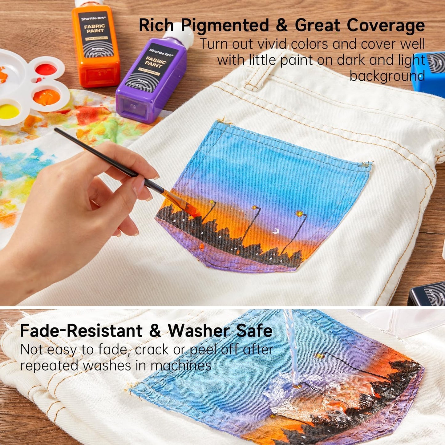 Shuttle Art Fabric Paint Permanent for Clothes, 24 Colours Fabric Paints in Bottles (60ml/2oz) with Brushes, Palette, Stencils, Non-Toxic Textile