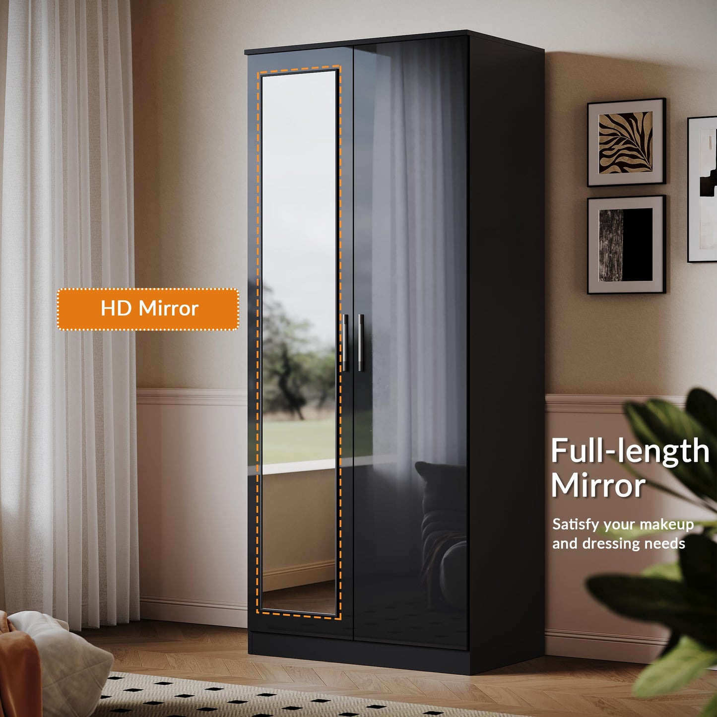 ELEGANT High Gloss Wardrobe with Mirror, Soft Close Hinge Mirrored Wardrobe