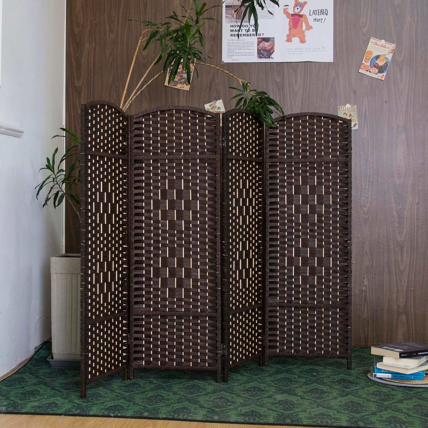 Furnnylane 4 Panel Dark Brown Rattan Divider Short Room Partition Screen,Double Sided Short Folding Divider for Room Separation,120 cm Tall