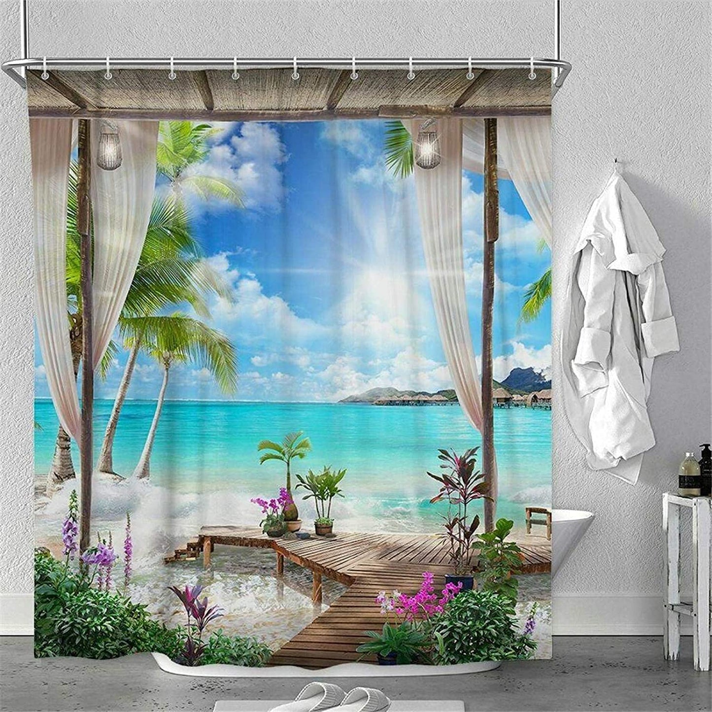 YUAOEUR Landscape Photo Garden 3D Shower Curtain Nature Scenery Sunset at Lake View Spring Flowers Green Grass Scenery Bathroom Decoration Curtains