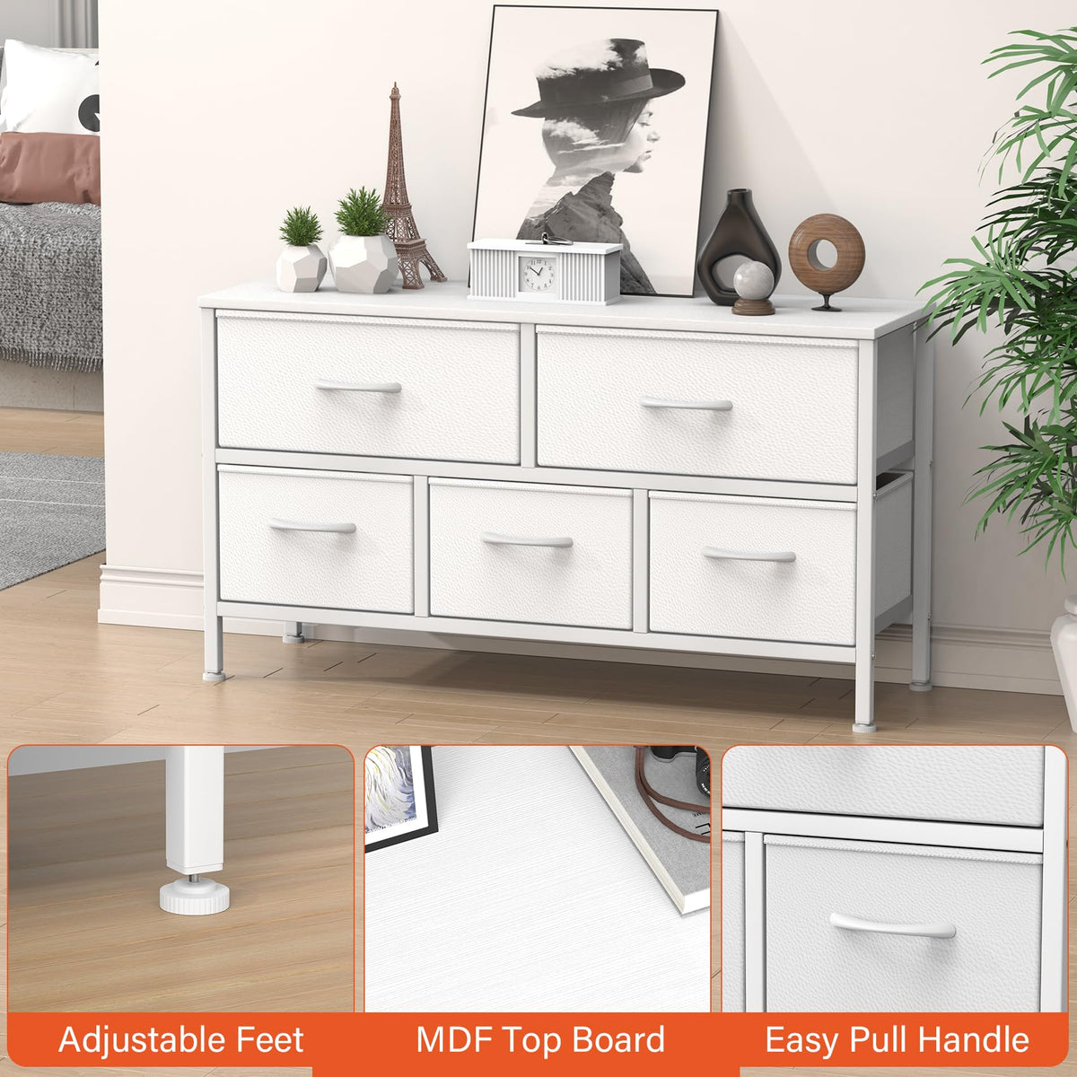 Feonase Bedroom Chest of Drawers, 5 Fabric Drawers Dresser with Metal Frame and MDF Top Board, Modern Storage Unit for Bedroom Living room, Entryway