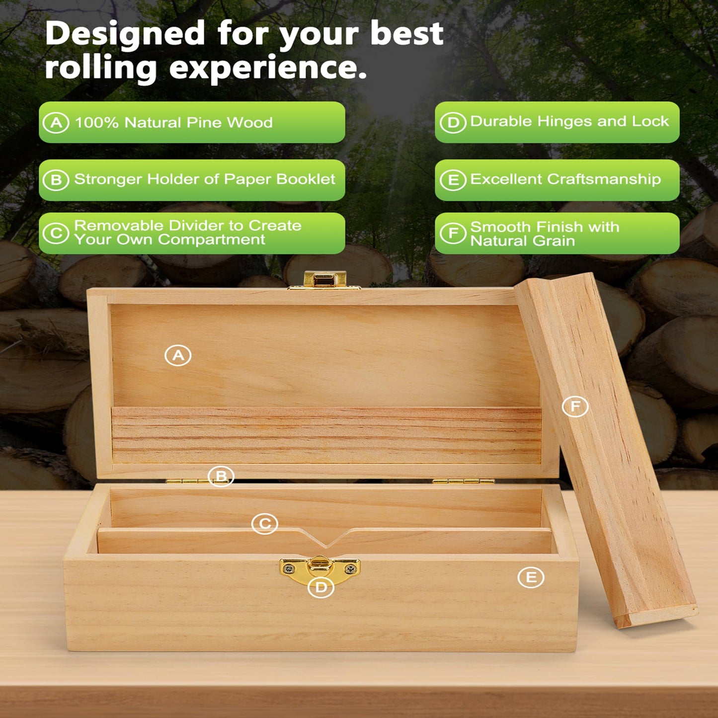 RYO TRUST Roll Box, Storage Stash Box with Rolling Paper Dispenser and V Block, Portable Pine Wood Smoking Accessories Organizer 6.6'' x 3.3" x